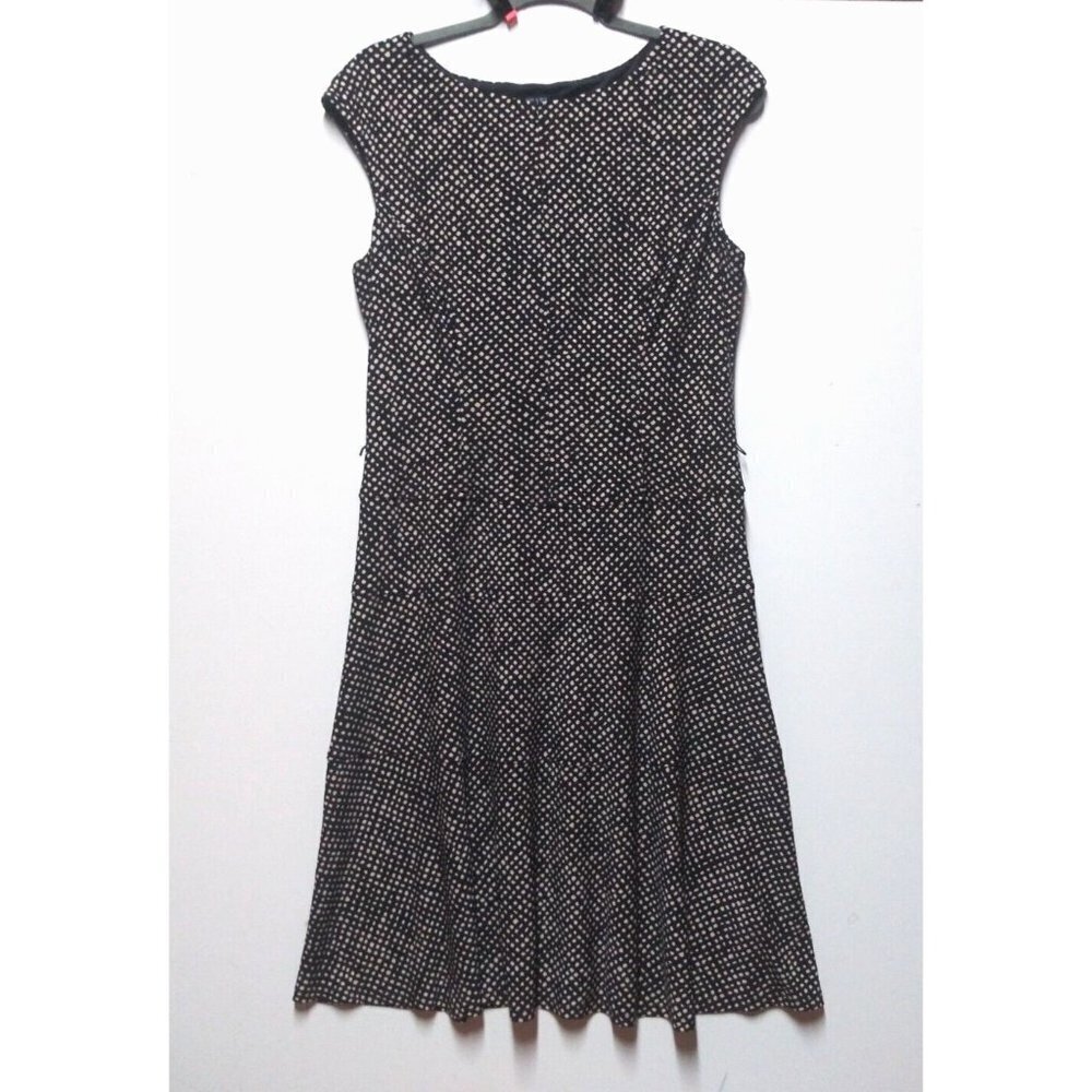 Chaps Womens dress stretch sheath flare Sz L ankle/midi black beige POLKA DOTS